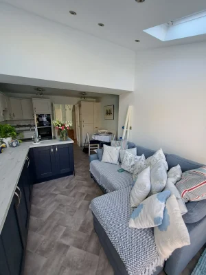 limited access home extension long shot of kitchen